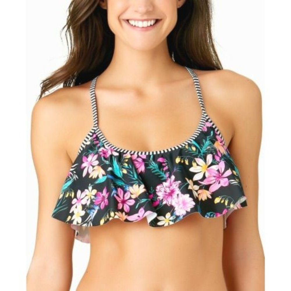 California Waves-Wildflower Printed Flounce Bikini Top, Black Floral, Small, NWT